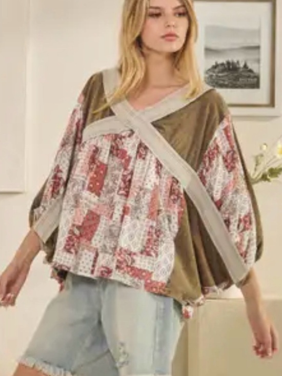 Oli & Hali Tops - Oli & Hali - Washed Rib Crossed Patchwork Top